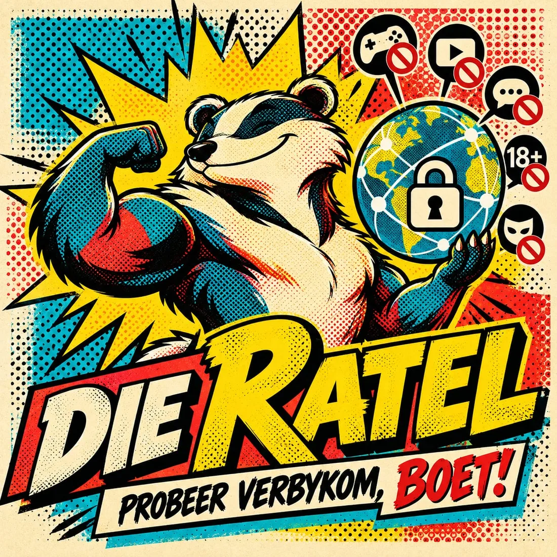 Die Ratel, 'n gespierde ratel wat die internet met 'n slot oppas